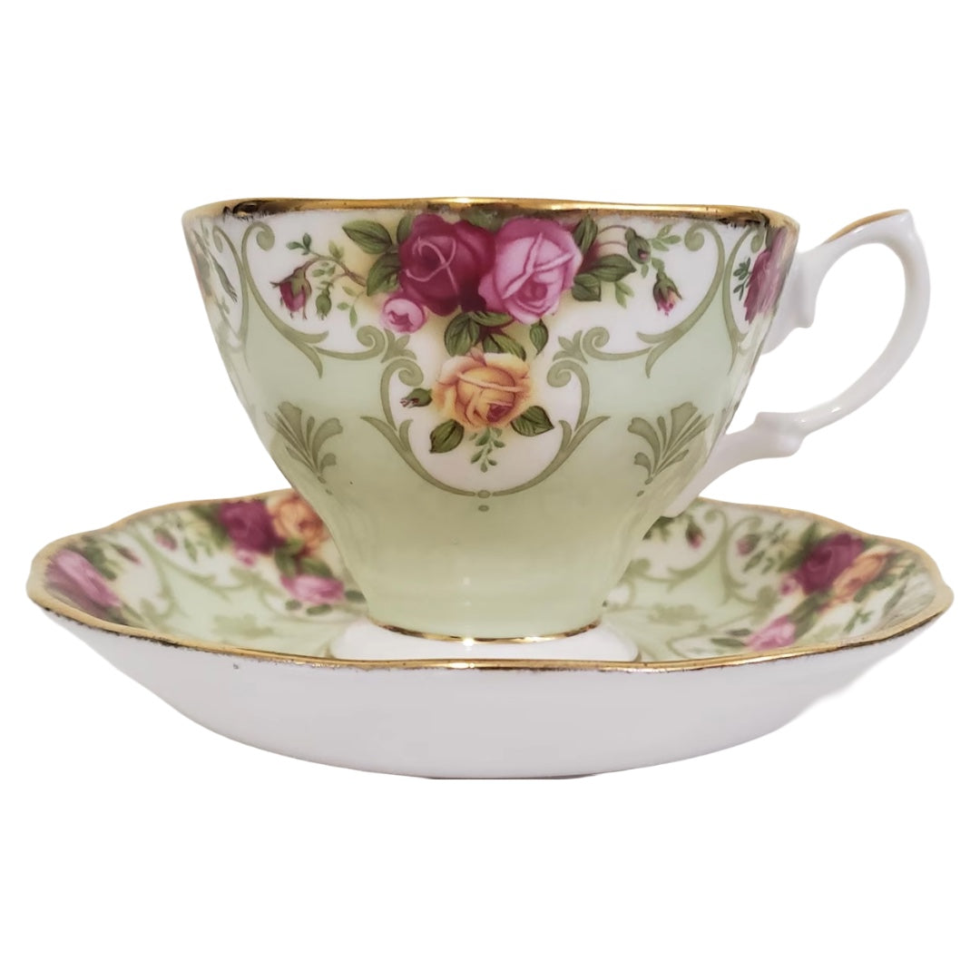 Vintage Royal Albert "Rose Cameo Green" Footed Teacup and Saucer Set