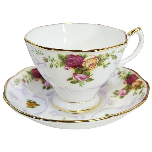 Vintage Royal Albert "Rose Cameo Violet" Footed Teacup and Saucer Set