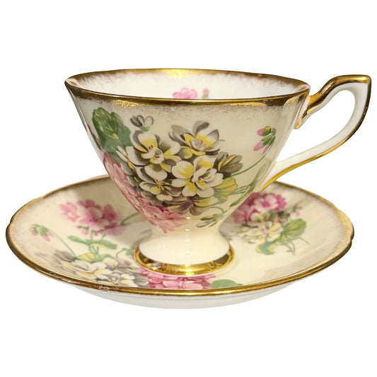 Vintage Taylor & Kent Footed Geranium Teacup and Saucer Set