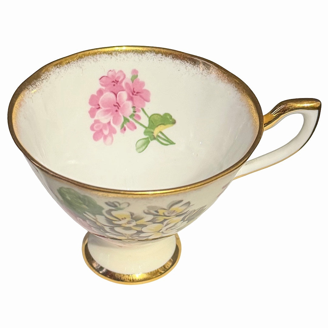 Vintage Taylor & Kent Footed Geranium Teacup and Saucer Set